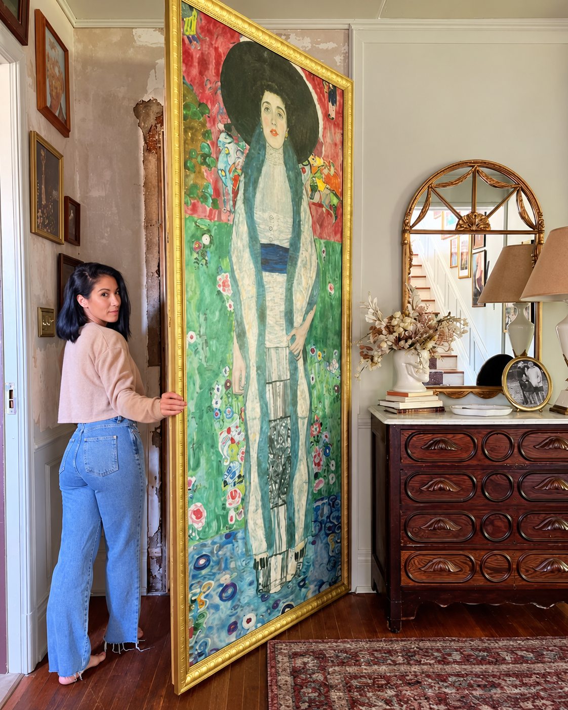 Tori beside a large Klimt-inspired portrait mural in a vintage hallway
