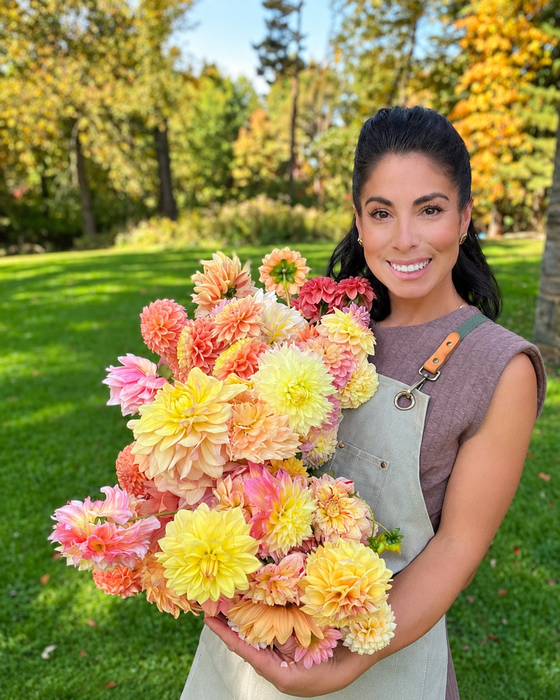 Tori holding an armful of garden-grown autumn dahlias